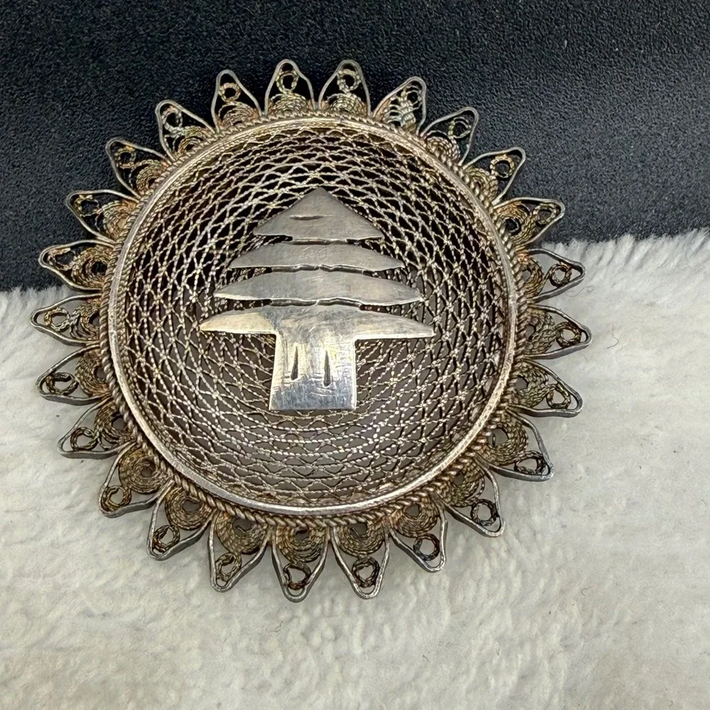 Vintage Spun Silver Cedar of Lebanon Brooch Silver Tone Round Pin